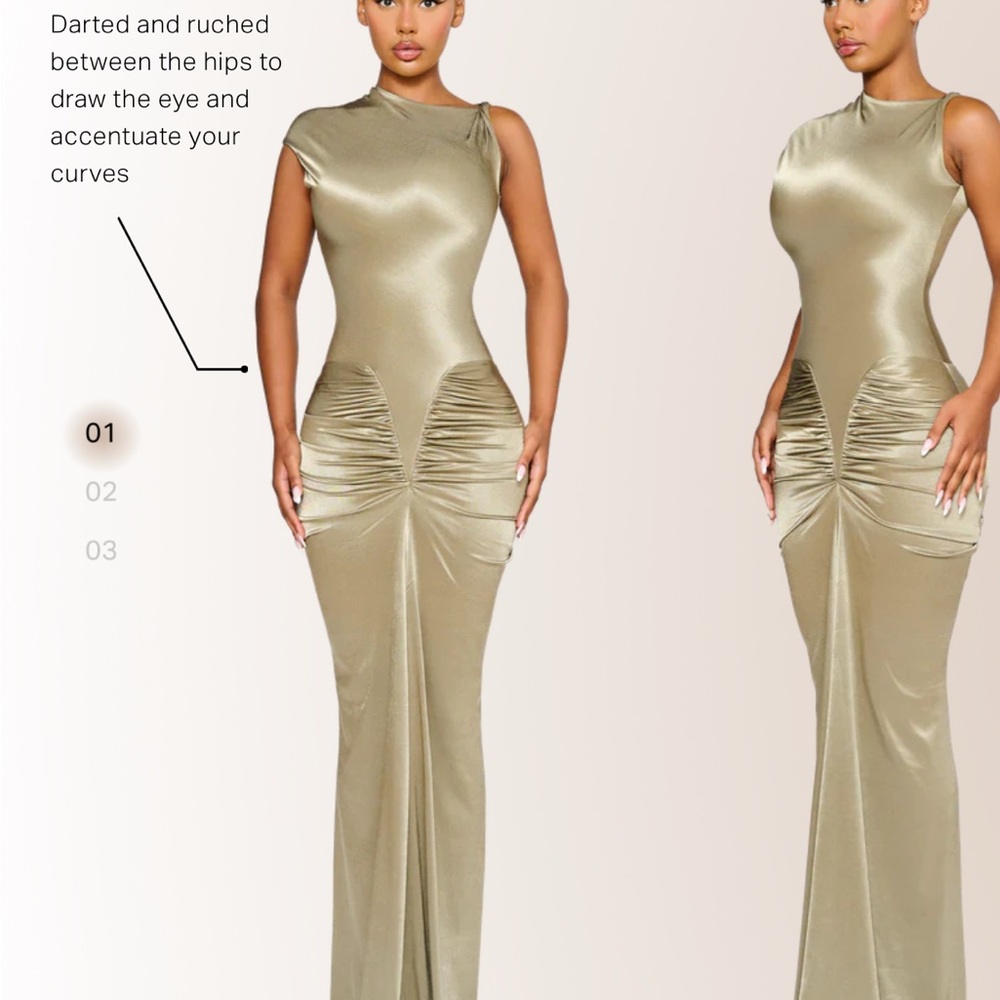 NWT Coucoo One Shoulder Gold Ruched Dress